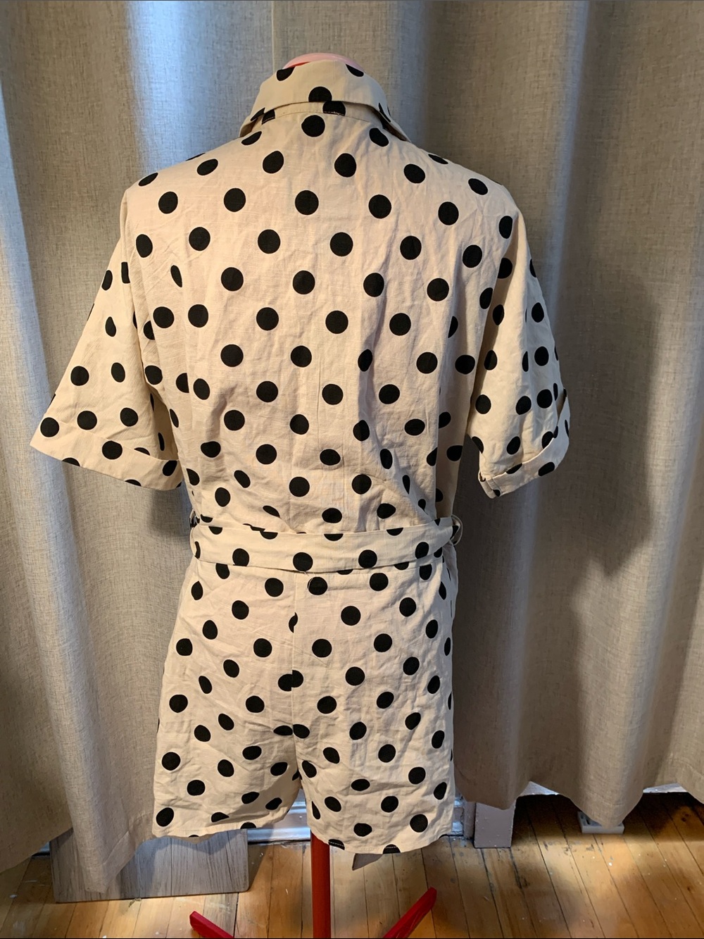 Fashion Nova Polka Dot Button-Front Short Sleeve Romper - Black on Cream - Picture 4 of 5